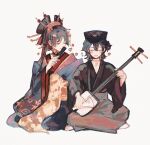  +++ 1boy 1girl black_eyes black_hair black_haori black_hat black_sleeves blunt_ends closed_eyes crossdressing crossed_legs datehyogo double_water_ss dress_shirt eyelashes flower flute flying_sweatdrops folding_fan gakuseibou genshin_impact grey_hakama hair_flower hair_intakes hair_ornament hairpin hakama half-closed_eyes hand_fan haori hat holding holding_fan indian_style instrument japanese_clothes kimono koto_(instrument) layered_kimono long_sleeves lute_(instrument) mandarin_collar nihonga open_mouth original peaked_cap red_lips red_sleeves scaramouche_(genshin_impact) shakuhachi shirt short_sidetail shosei sitting smile teeth upper_teeth_only watermark white_background white_shirt wide_sleeves wispy_bangs 