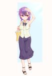  absurdres arm_up armpits bag bokutachi_wa_benkyou_ga_dekinai bow breasts day frown full_body hair_ornament handbag highres kominami_asumi looking_at_viewer mario_(dsum) outdoors purple_eyes purple_hair sandals short_hair short_twintails simple_background skirt small_breasts standing sweat twintails 