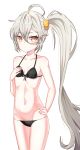  1girl absurdres ahoge bikini black_bikini breasts cleavage collarbone cookiegoon cowboy_shot eyebrows_visible_through_hair floating_hair front-tie_bikini front-tie_top girls_frontline groin hair_between_eyes hand_on_hip highres long_hair navel pkp_(girls_frontline) side_ponytail silver_hair simple_background small_breasts solo standing swimsuit very_long_hair white_background yellow_eyes 