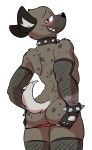  &lt;3 &lt;3_eyes aggressive_retsuko artbyyellowdog athletic blush bracelet brown_fur brown_spots butt clothed clothing collar crossdressing embarrassed fingerless_gloves fishnet fishnet_armwear fishnet_legwear fur gloves haida handwear hyaenid inner_ear_fluff jewelry legwear male mammal rear_view sanrio simple_background solo spiked_bracelet spiked_collar spikes spots spotted_hyena tagme thick_thighs 