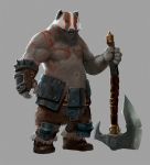  2018 agentnoms anthro armor axe badger bodypaint boots bottomwear clothed clothing digital_media_(artwork) face_paint footwear fur gloves grey_fur handwear holding_object holding_weapon male mammal melee_weapon mustelid musteline navel pants simple_background solo spikes standing topless weapon white_background 
