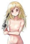  1girl blonde_hair blush breasts closed_mouth collarbone commentary_request girls_frontline groin gun gun_to_head handgun head_tilt highres holding holding_gun holding_weapon long_hair looking_at_viewer nagant_m1895 nagant_revolver_(girls_frontline) navel nipples nude object_namesake out-of-frame_censoring red_eyes revolver small_breasts solo suppressor take_(trude1945oneetyan) two-handed weapon 