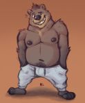  2019 anthro belly bottomwear brown_fur clothing fur male mammal minedoo moobs navel nipples overweight overweight_male pants simple_background solo teeth ursid 