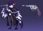 absurd_res anthro avali barefoot beaverbastard belt big_breasts blue_highlights breasts brooch cleavage cloak clothed clothing cowgirl_outfit crop_top feathers feet female gradient_hair gun hair hand_on_hip handgun hi_res highlights_(coloring) holding_gun holding_handgun holding_object holding_ranged_weapon holding_revolver holding_weapon holster inner_ear_fluff long_coat long_hair magic_user magic_weapon midriff multi_ear multicolored_body neck_tuft purple_body purple_feathers purple_hair ranged_weapon revolver seiun_(golddrake) shirt solo spinning_weapon standing star_pattern tail tail_tuft topwear tuft weapon white_body white_feathers