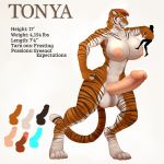  2018 4_toes anthro areola balls big_breasts blue_eyes breasts dickgirl duo english_text fangs fasttrack37d felid hair hi_res huge_breasts intersex macro mammal model_sheet nipples nude open_mouth pantherine penis simple_background size_difference slit_pupils stripes text tiger toes vein 