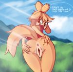  2019 animal_crossing anthro anus butt canid canine canis detailed_background digital_media_(artwork) domestic_dog eyelashes female fur grass hair hi_res isabelle_(animal_crossing) looking_at_viewer looking_back mammal mountain nintendo nude outside presenting presenting_hindquarters pussy shih_tzu solo spreading toy_dog video_games white_fur wizardlywalrusking yellow_fur 