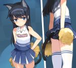  1girl alice_gear_aegis animal_ears ass back bangs blue_eyes blue_panties breasts cat_ears cat_tail cheerleader collar collarbone commentary_request cowboy_shot dark_blue_hair eyebrows_visible_through_hair hairband hand_on_hip kemonomimi_mode koashi_mutsumi looking_at_viewer navel panties pom_poms shimada_fumikane skindentation small_breasts smile solo tail thighhighs underwear 