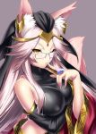  1girl animal_ear_fluff animal_ears bare_shoulders breasts commentary_request earrings eyebrows_visible_through_hair fate/grand_order fate_(series) fox_ears fox_tail glasses grey_background indian_clothes jewelry koyanskaya large_breasts lips long_hair looking_at_viewer one_eye_closed parted_lips pink_hair pink_tail ring simple_background solo tail tamamo_(fate)_(all) teeth veil very_long_hair yellow_eyes zen 