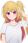  1girl absurdres anime_coloring blush breasts highres hoshino_ruby looking_at_viewer open_mouth oshi_no_ko self-upload shirt side_ponytail smile solo t-shirt white_background yissou_art 