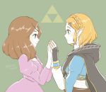  2girls bangs blonde_hair blue_eyes braid brown_hair cape crown_braid dress dual_persona fingerless_gloves gloves hair_ornament hairclip holding_hands multiple_girls parted_bangs pointy_ears princess_zelda sayoyonsayoyo short_hair smile the_legend_of_zelda the_legend_of_zelda:_breath_of_the_wild the_legend_of_zelda:_breath_of_the_wild_2 thick_eyebrows upper_body 