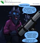  anthro ask_blog ask_the_werewolves blackbird_(atw) blue_eyes blue_sclera canid canine canis clothing comic dialogue female jd_laclede mammal night shirt sitting star telescope topwear wolf 