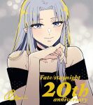  1girl anniversary black_choker black_dress braid choker dress fate/stay_night fate_(series) grey_background grey_eyes grey_hair highres long_hair looking_at_viewer medea_(caster)_(fate) medea_(fate) nakatani_(naka6130) off_shoulder official_art pointy_ears side_braid smile solo 