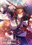  1boy :q arm_up beads black_cape black_pants black_sleeves blurry blurry_foreground bridge cape closed_mouth collarbone copyright_name copyright_notice countdown curtained_hair dappled_sunlight dated day ensemble_stars! falling_petals fingernails floating_clothes floral_print floral_print_kimono flower from_above glint green_eyes hair_between_eyes headset holding holding_staff hood hood_up hooded_cape japanese_clothes jewelry kimono kino_(kino_cono) long_sleeves looking_at_viewer looking_up male_focus mikejima_madara necklace official_art orange_hair outdoors pants parted_bangs pectoral_cleavage pectorals pendant petals print_kimono print_pants purple_flower ring sash shadow short_hair short_kimono solo staff standing sunlight tassel three-quarter_sleeves tongue tongue_out torn_cape torn_clothes two-sided_cape two-sided_fabric waist_sash water white_kimono wisteria wisteria_print wooden_bridge 