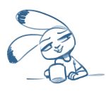  2019 anthro blue_and_white clothed clothing coffee_mug dipstick_ears disney fuel_(artist) half-closed_eyes holding_object judy_hopps lagomorph leporid looking_aside mammal monochrome multicolored_ears rabbit simple_background solo white_background zootopia 
