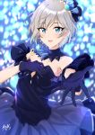  1girl :d absurdres anastasia_(idolmaster) arm_strap black_gloves blue_eyes blush breasts choker cleavage collarbone eyebrows_visible_through_hair gloves hair_between_eyes hair_ornament highres idolmaster idolmaster_cinderella_girls looking_at_viewer medium_breasts nullcalc open_mouth outstretched_arm outstretched_hand shiny shiny_hair short_hair silver_hair smile solo standing strapless 