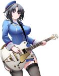  1girl alternate_eye_color beret black_hair black_thighhighs blue_eyes blue_hat blue_jacket blue_skirt electric_guitar garter_straps guitar hat highres instrument jacket kantai_collection kirigakure_(kirigakure_tantei_jimusho) military_uniform short_hair simple_background skirt solo takao_(kancolle) thighhighs white_background 