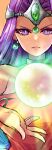  1girl asymmetrical_dress bracelet circlet colored_eyelashes crystal_ball curtained_hair dark-skinned_female dark_skin dragon_quest dragon_quest_iv dress earrings eyelashes floating floating_object forehead_jewel gem glint glowing green_gemstone hand_up jewelry long_hair looking_at_viewer minea_(dq4) neck_ring orb parted_bangs purple_eyes purple_hair single_bare_shoulder single_sleeve solo sparkle sphere_earrings upper_body urihara84 v-shaped_eyebrows 