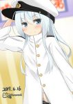  1girl admiral_(kantai_collection) admiral_(kantai_collection)_(cosplay) blue_eyes commentary_request cosplay dated doyagao hat hibiki_(kantai_collection) highres kantai_collection long_hair shiruhino silver_hair smirk solo twitter_username 
