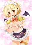  1girl bangs bat_wings black_dress black_wings blonde_hair blush bow breasts cleavage dress fang frills heart heart_hands hololive huge_breasts looking_at_viewer maid maid_dress maid_headdress open_mouth orange_bow orange_eyes puffy_short_sleeves puffy_sleeves semahiro short_hair short_sleeves solo virtual_youtuber wings wrist_cuffs yozora_mel 