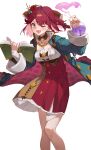  1girl absurdres atelier_(series) atelier_sophie_2 blush book braid breasts brown_eyes commentary_request dress fang feet_out_of_frame flask flower green_jacket hair_flower hair_ornament hands_up highres holding holding_book holding_flask jacket long_sleeves looking_at_viewer medium_breasts one_eye_closed open_clothes open_jacket open_mouth pink_hair red_dress red_flower red_rose rose short_hair side_braid simple_background skin_fang smile solo sophie_neuenmuller standing summer_(724788381) white_background 