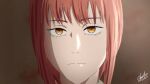  1girl chainsaw_man close-up commentary_request frown highres indonesian_commentary laillnii makima_(chainsaw_man) official_style orange_eyes red_hair ringed_eyes signature solo 