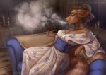  2019 anthro breasts candle canid canine canis cigarette clothed clothing female fur hair hi_res japanese_clothing kimono lostgoose mammal smoke smoking solo wolf 