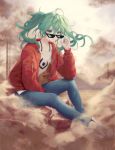  1girl bangs blue_pants closed_mouth cloud cloudy_sky collarbone deal_with_it dust_cloud earrings eyebrows_visible_through_hair full_body green_eyes green_hair hair_between_eyes hand_up hatsune_miku jacket jewelry long_hair long_sleeves looking_at_viewer mountain open_clothes open_jacket outdoors pants red_jacket sand shirt shoes sidelocks sitting sky solo suna_no_wakusei_(vocaloid) sunglasses twintails vocaloid white_footwear white_shirt zain_(jiha3905) 