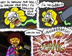 ambiguous_gender angry clothing comic dialogue digital_drawing_(artwork) digital_media_(artwork) double_barrel_shotgun duo elemental_creature evil_dead facial_scar flora_fauna flower flower_creature flowey_the_flower frisk_(undertale) gun human killb94_(artist) male mammal monster plant ranged_weapon scar shooting_gun shotgun stomping text torn_clothing undertale undertale_(series) weapon