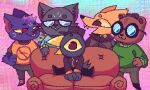 :3 age_difference angus_delaney anthro avian background_character bea_santello beak bear bird blue_clothing brown_body brown_fur canid canine clock clothing crocodile crocodilian domestic_cat dyed_fur eyewear fangs felid feline felis female footwear fox fur furniture germ_warfare_(nitw) glasses green_body green_clothing gregg_lee grey_body grey_fur group hat headgear headwear hi_res jacket mae_borowski male mammal meme night_in_the_woods notched_ear orange_body orange_clothing orange_fur overweight piper_perri_surrounded red_eyes reptile salamikii scalie shoes sofa stan_borowski sweater teeth tongue tongue_out topwear watch