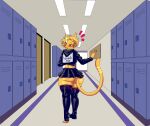 absurd_res anthro bottomwear butt clothed clothing cropped_hoodie dlovolb embarrassed exposed_butt felid feline femboy hallway hi_res male mammal miniskirt school school_hallway sign_on_back skirt solo upskirt