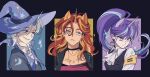  3girls animal_ears armband ascot black_border black_choker black_jacket black_vest blue_hat border breasts choker closed_mouth collarbone collared_shirt commentary_request cutie_mark ear_piercing earrings extra_ears eyeshadow frown grey_eyes grin hair_behind_ear hair_between_eyes hat high_ponytail highres horns horse_ears jacket jewelry korean_commentary lapels large_hat long_hair looking_to_the_side makeup memoji_7672 multicolored_hair multiple_girls my_little_pony my_little_pony:_equestria_girls my_little_pony:_friendship_is_magic notched_lapels open_clothes open_jacket orange_hair outside_border piercing ponytail purple_eyes purple_eyeshadow purple_hair red_hair red_shirt shirt short_hair single_horn small_breasts smile sparkle star_(symbol) star_print starlight_glimmer streaked_hair sunset_shimmer sunset_shimmer_(human) trixie_lulamoon turning_head two-tone_hair unicorn_girl upper_body v-shaped_eyebrows vest white_ascot white_hair white_shirt wizard_hat yellow_armband 