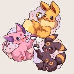  artist_name black_fur bright_pupils commentary eevee espeon fang full_body love_ball moon_ball no_humans open_mouth paw_up pink_fur poke_ball pokemon pokemon_(creature) pokemon_focus sevi_(seviyummy) simple_background sitting star_(symbol) umbreon white_background 