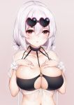 1girl absurdres alternate_costume azur_lane bangs bikini black_bikini blush breasts choker cleavage collarbone commentary_request eyebrows_visible_through_hair eyewear_on_head grey_background hair_between_eyes hands_on_own_chest heart heart-shaped_eyewear highres large_breasts looking_at_viewer navel o-ring o-ring_top parted_lips red_eyes scrunchie sheer_clothes short_hair simple_background sirius_(azur_lane) sirius_(midsummer_seirios)_(azur_lane) solo sunglasses swimsuit taitai white_hair wrist_scrunchie 