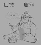 2025 abdominal_bulge anthro backwards_baseball_cap backwards_hat baseball_cap blush blush_lines bottomwear brutus_(hotdogsauau) cake canid canine canis clothing dessert domestic_dog dot_eyes eating english_text floppy_ears food greyscale half-closed_eyes hat headgear headwear hi_res hotdogsauau humor inner_monologue male mammal monochrome narrowed_eyes pawpads paws shirt shorts simple_eyes slightly_chubby slightly_chubby_anthro slightly_chubby_male tank_top text thinking thought_bubble topwear