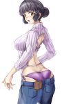  1girl alternate_costume ass black_hair braid braided_bun breasts denim from_behind hair_bun hair_ornament hairclip highres jeans jewelry kantai_collection long_sleeves looking_at_viewer medium_breasts myoukou_(kancolle) open_mouth panties pants purple_panties ribbed_sweater ring short_hair simple_background single_hair_bun solo sweater tonke underwear wedding_ring white_background yellow_eyes 