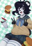 absurd_res ahoge asian_clothing bear beverage bottomwear burger checkered checkered_background clothing double_v_sign east_asian_clothing female food fur gesture giant_panda hair hand_gesture heart_pupils hi_res japanese_clothing japanese_school_uniform ken_ashcorp kenny_(kenashcorp) kneeling legwear mammal open_mouth pattern_background school_uniform serafuku simple_background skirt smile soda soda_cup solo suchimonix thick_thighs thigh_highs uniform v_sign white_body white_fur
