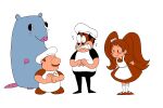  1girl 2boys angry animal apron blush_stickers brick_(pizza_tower) brown_hair facial_hair father_and_daughter flat_chest gustavo_(pizza_tower) happy highres long_hair margherita_(mosagi) mature_male mosagi mouse_(animal) multiple_boys mustache original parent_and_child peppino_spaghetti pizza_tower toon_(style) 