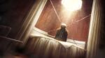  1boy armchair bed_sheet black_jacket black_pants blue_necktie bound bound_legs bound_thighs brown_jacket brown_suit chair chandelier chaos;child collared_shirt curtains faceless faceless_male facing_down game_cg highres imminent_death jacket kakita_hironori kneeling lapels necktie non-web_source notched_lapels official_art on_bed pants round_bed sasaki_mutsumi shirt short_hair solo strangling suit white_shirt 