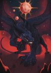 artie-dartie black_body black_scales darkstalker_(wof) dragon eye_markings facial_markings feral glowing glowing_mouth grin head_markings hi_res horn male markings multiple_moons mythological_creature mythological_scalie mythology nightwing_(wof) red_background red_sky scales scalie simple_background sky sky_background smile solo spread_wings star_pattern tail tear_(marking) wings wings_of_fire