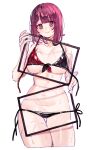  1girl atelier_(series) atelier_sophie bikini black_bikini blush breasts closed_mouth clothes_hanger commentary_request completely_nude covering_privates highres holding holding_clothes_hanger large_breasts looking_at_viewer navel nude nude_cover purple_eyes purple_hair ryuuno6 short_hair simple_background sketch smile solo sophie_neuenmuller swimsuit unworn_bikini_bottom unworn_bikini_top wet white_background 
