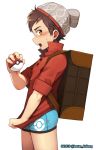  1boy absurdres beanie beater blue_briefs blush boxer_briefs brown_hair covering covering_crotch dated grey_headwear hat highres holding holding_poke_ball looking_at_viewer male_focus male_protagonist_(pokemon_swsh) no_pants open_mouth poke_ball poke_ball_(generic) pokemon pokemon_(game) pokemon_swsh popped_collar profile red_shirt shirt simple_background sleeves_folded_up solo suitcase twitter_username white_background yellow_eyes 