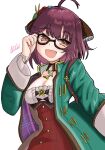  1girl ahoge atelier_(series) atelier_sophie breasts fang flower glasses hair_flower hair_ornament highres looking_at_viewer piotetsu smile smug sophie_neuenmuller 