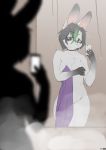  2019 anthro clover_(foxboy83) covering covering_breasts female foxboy83 hi_res holding_object holding_phone lagomorph leporid mammal mirror phone rabbit selfie solo standing towel water 