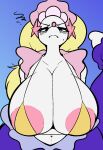 angry anthro areola big_breasts bikini blue_eyes blush blush_lines breasts cleavage clothed clothing eyebrows female frown_eyebrows frowning_at_viewer generation_7_pokemon gold_bikini golden_week hi_res huge_breasts makeup mascara moody nintendo pink_areola pirpole_haze pokemon pokemon_(species) primarina shiny_pokemon solo swimwear tail two-piece_swimsuit white_body