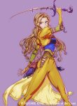  1girl arm_up blonde_hair celes_chere copyright_notice final_fantasy final_fantasy_vi hip_vent holding holding_sword holding_weapon ikeda_(cpt) long_hair looking_at_viewer magic:_the_gathering official_art pants purple_eyes sash solo sword waist_sash weapon yellow_pants 