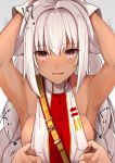  !? 1girl armpits arms_behind_head assisted_exposure bare_shoulders braid breasts dark_skin eyebrows_visible_through_hair fate/grand_order fate_(series) gloves grey_hair hair_between_eyes lakshmibai_(fate/grand_order) light_blush light_smile long_hair looking_at_viewer pink_eyes pov pov_hands sideboob sleeveless small_breasts solo_focus twin_braids upper_body very_long_hair white_gloves yuuzuki_(re&#039;ef) 