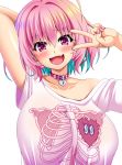  arm_up blush breasts fang hand_behind_head hand_up highres huge_breasts idolmaster idolmaster_cinderella_girls looking_at_viewer mirisha multicolored_hair off-shoulder_shirt off_shoulder open_mouth pill_earrings pink_eyes pink_hair pink_nails shirt short_hair short_sleeves simple_background single_bare_shoulder skeleton_print smile solo t-shirt two-tone_hair upper_body v white_shirt yumemi_riamu 