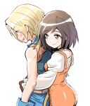  1boy 1girl bare_shoulders black_choker black_hair blonde_hair blue_eyes blue_pants blue_vest blush bodysuit brown_eyes brown_gloves brown_hair choker closed_mouth commentary dede_(qwea_00000) final_fantasy final_fantasy_ix from_side garnet_til_alexandros_xvii gloves hug hug_from_behind long_sleeves looking_at_another monkey_tail orange_bodysuit pants puffy_long_sleeves puffy_sleeves shirt short_hair smile symbol-only_commentary tail upper_body vest white_background white_shirt zidane_tribal 