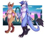  2017 amber_eyes anthro blue_fur blue_hair breasts brown_fur brown_hair chest_tuft citrinelle claws digital_media_(artwork) digitigrade dragon duo facial_piercing featureless_breasts featureless_crotch female fur furred_dragon gloves_(marking) hair hand_holding horn hybrid lagomorph leporid lip_piercing male mammal markings nude piercing rabbit red_eyes smile spots spotted_fur standing tail_tuft toe_claws tuft 