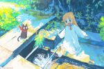  1girl animal black_cat blonde_hair blue_eyes cat child commentary_request day full_body grass highres lab_coat long_hair long_sleeves nichijou open_mouth outdoors professor_shinonome red_scarf sakamoto_(nichijou) scarf slice_of_life smile soaking_feet solo standing sugita_magari summer tree water 